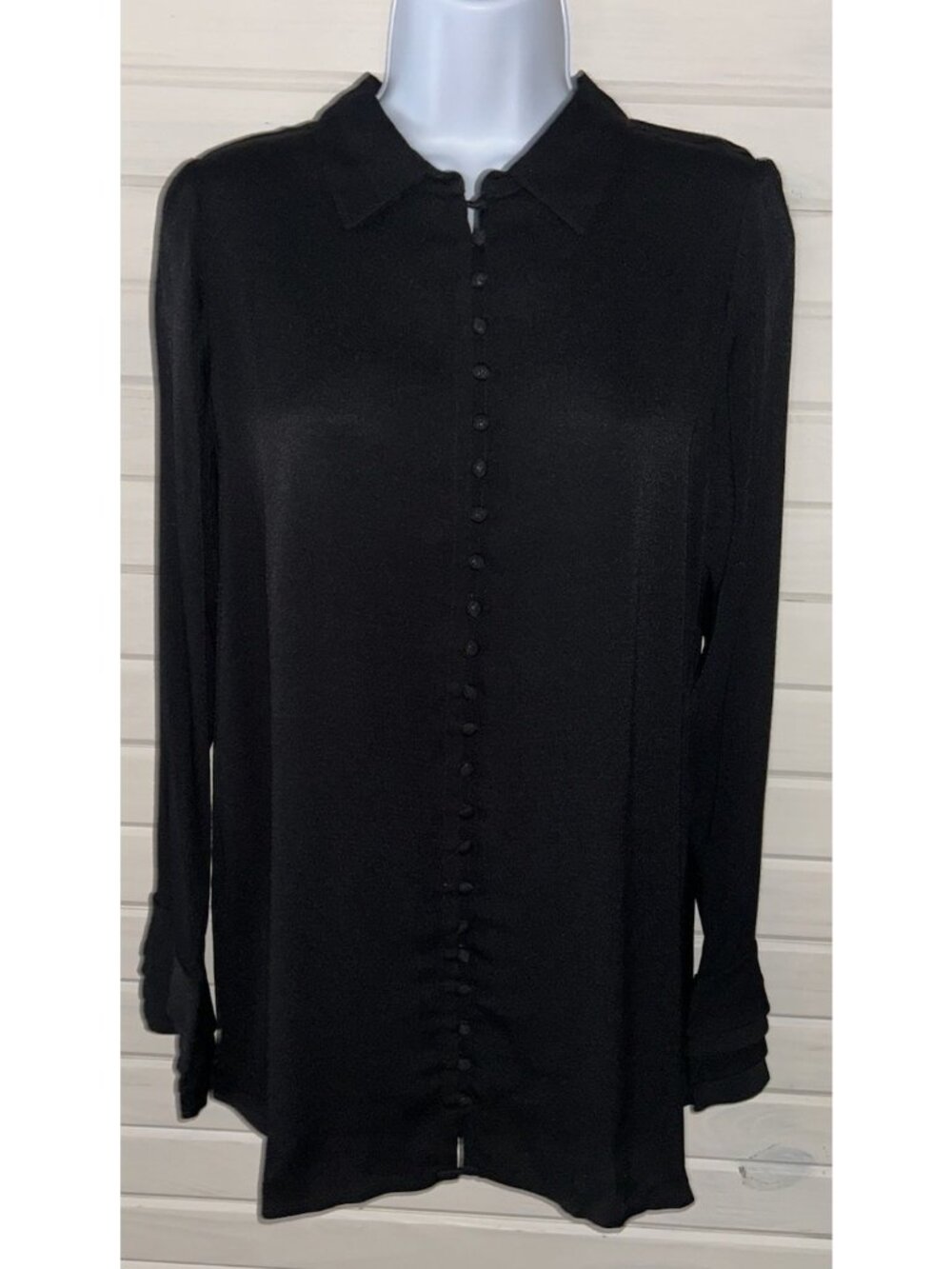 NWT Soft Surroundings Sz SMALL Poet Blouse Black Ruffle Cuffs Rayon Crepe 2AT59